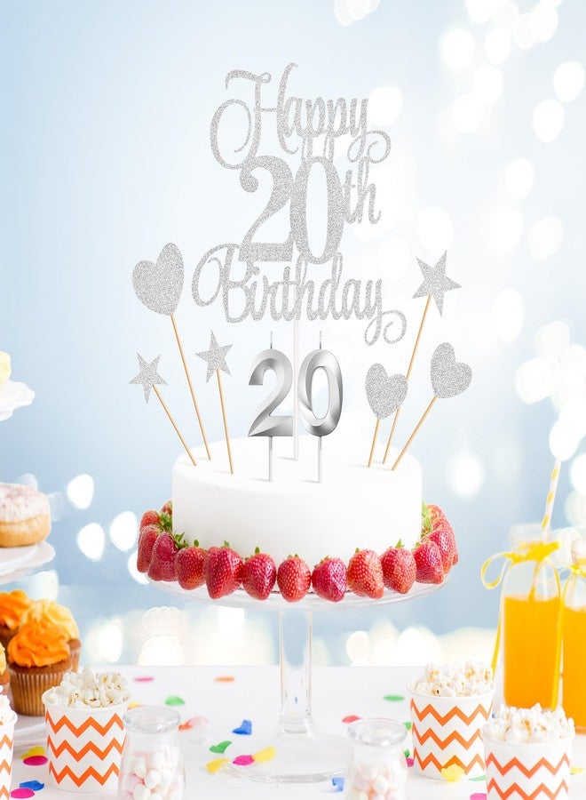 Lecferrarc 20th Birthday Cake Decorations, 20th Birthday Candles Cake Numeral Candles and Glitter Happy 20th Birthday Cake Toppers Set for Birthday Party Supplies (Silver) - Image 3